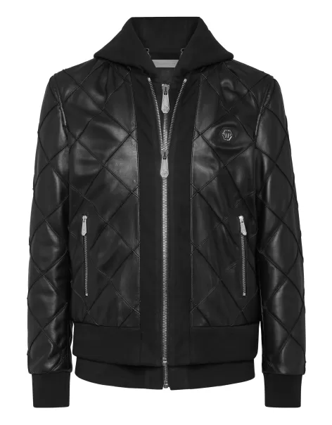 Black Precio De Coste Philipp Plein Chaquetas De Cuero Hombre Leather Hooded Jacket