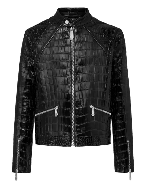 Philipp Plein Hombre Leather Crocodile Jacket  Luxury Chaquetas De Cuero Garantizado Black