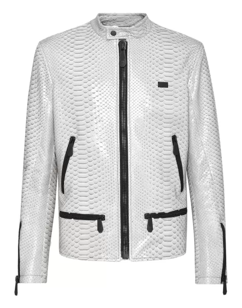 Mejor Precio Light Grey Philipp Plein Hombre Python Leather Moto Jacket Luxury Chaquetas De Cuero