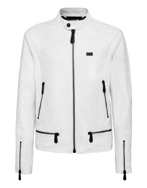 White Philipp Plein Innovador Leather Jacket Luxury Hombre Ropa Exterior & Abrigos