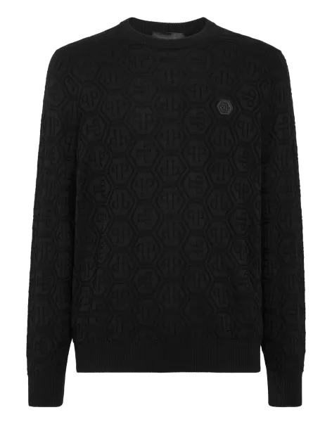 Popularidad Philipp Plein Hombre Silk/Wool Pullover Ls Monogram Black Prendas De Punto