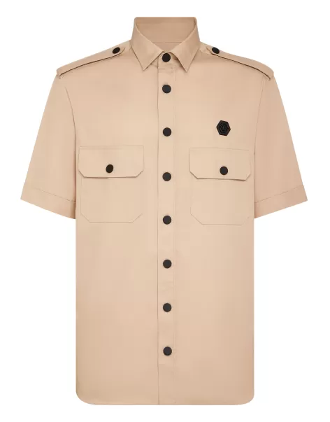 Philipp Plein Military Shirt Ss Gothic Plein Hombre Ultimo Modelo Beige Camisas
