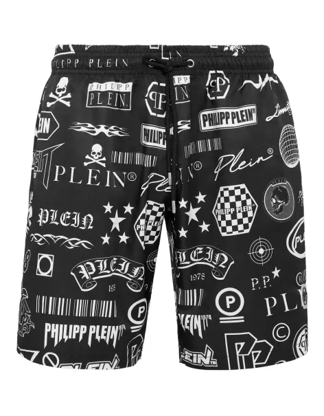 Philipp Plein Black Long Swim-Trunks Logos Trajes De Baño Precio De Coste Hombre