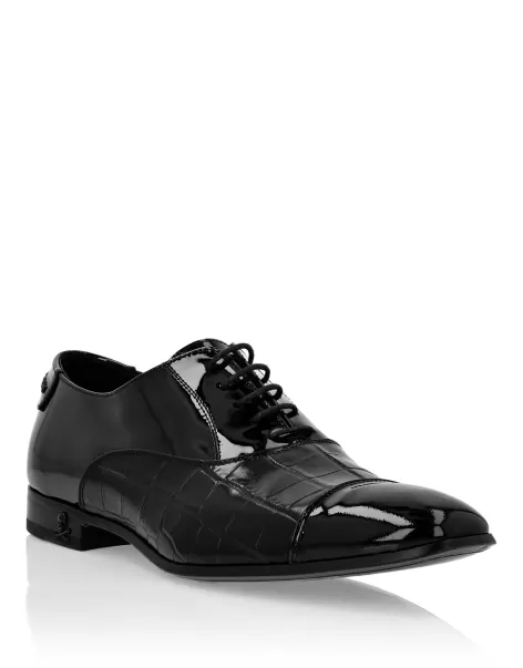 Diseño Zapatos Clásicos Hombre Black Philipp Plein Patent Leather & Croco Effect Derby