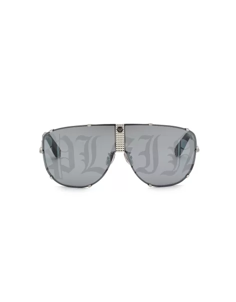 Hombre Shiny Palladium Elegante Gafas De Sol Sunglasses Aviator Plein Stud Philipp Plein
