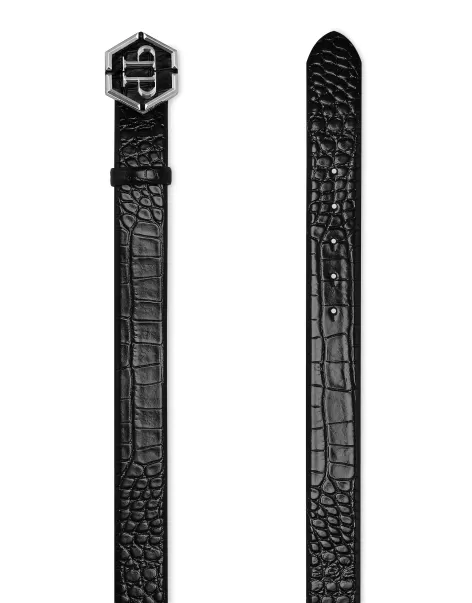 Diseño Philipp Plein Black/Black Nickel Leather Belt Hexagon Correas Hombre