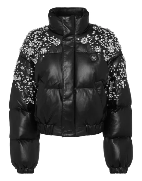 Mujer Descuento Philipp Plein Black Leather Puffer Jacket Crystal Cuero Y Piel