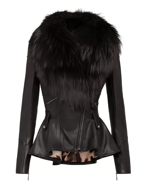 Moda Philipp Plein Black Mujer Cuero Y Piel Leather Biker Fur Collar Iconic Plein