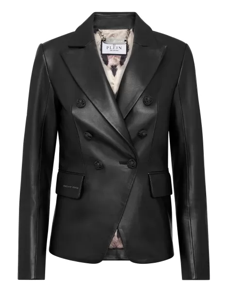 Black Cuero Y Piel Leather Fitted Blazer Conveniencia Philipp Plein Mujer
