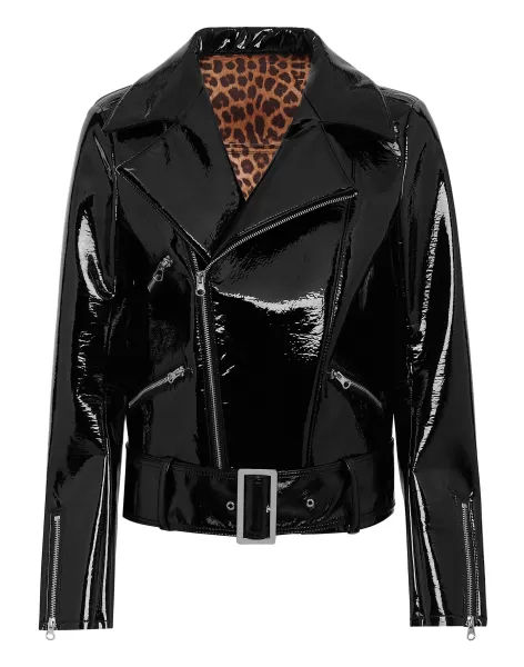 Black Descuento Philipp Plein Ropa Exterior Mujer Oversize Glossy Eco Leather Jacket