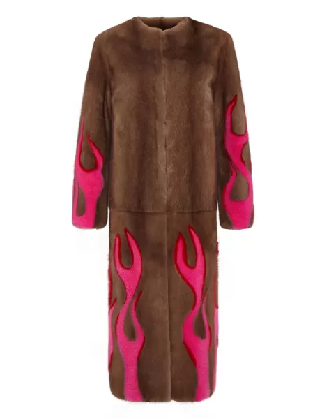 Personalización Mujer Ropa Exterior Hell Flames Intarsia Mink Fur Long Coat Philipp Plein Beige