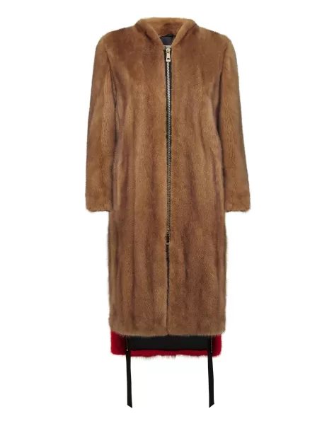 Elegante Beige Ropa Exterior Philipp Plein Mujer Fur Coat Long Luxury