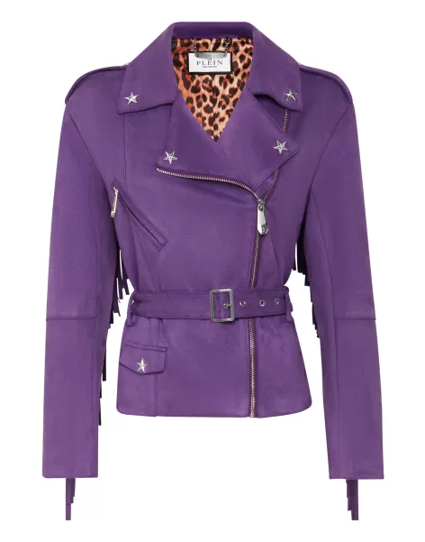 Oferta Philipp Plein Purple Ropa Exterior Eco Suede Oversize Biker Jacket Stars Mujer