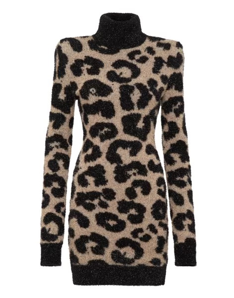 Philipp Plein Padded Shoulder Lurex Turtleneck Dress Mujer Clásico Leopard Vestidos