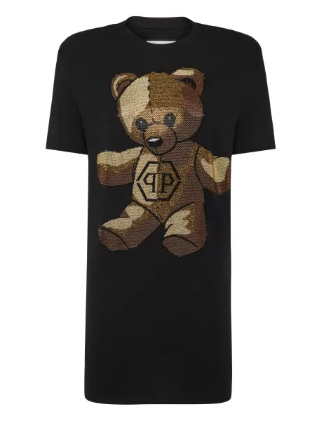 Nuevo Black Philipp Plein Vestidos Padded Shoulder T-Shirt Dress With Crystals Teddy Bear Mujer