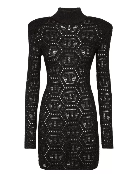Philipp Plein Mujer Lurex Padded Shoulder Mini Dress Hexagon Recomendar Black Vestidos