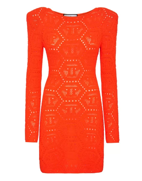Mujer Elegante Orange Fluo Vestidos Fluo Knit Mini Dress Monogram Philipp Plein