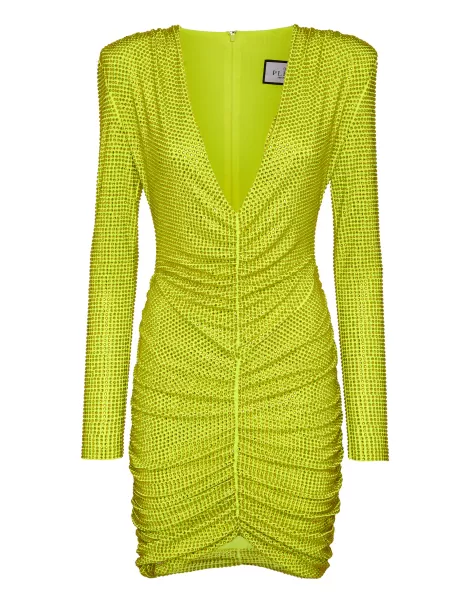 Vestidos Mujer Promoción Philipp Plein Padded Shoulder Mini Dress Ls Fluo Strass Yellow Fluo
