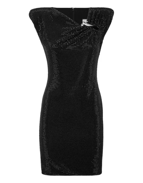 Mujer Vestidos Philipp Plein Black Descuento Padded Shoulder Mini Dress Fluo Strass
