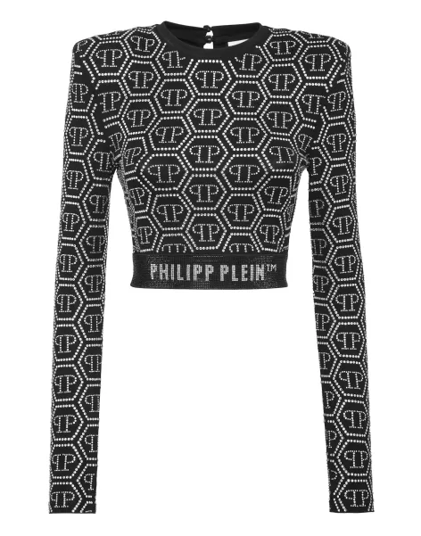 Comercio Philipp Plein Padded Shoulder Cropped Top Ls Monogram Strass Camiseta & Polos Mujer Black