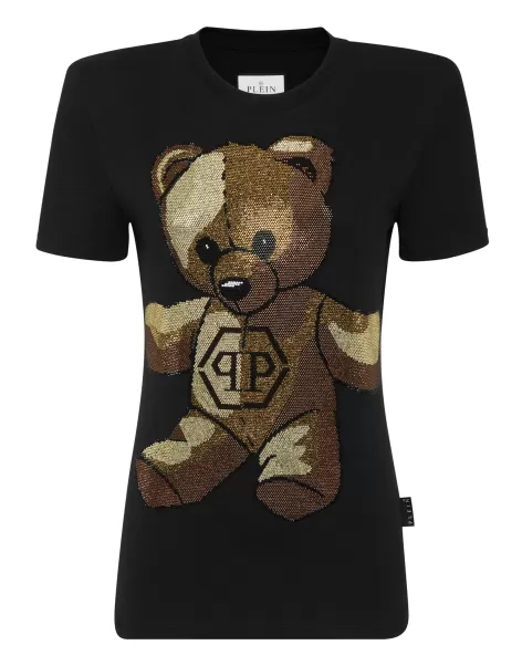 Camiseta & Polos Philipp Plein Tienda Online Black Padded Shoulder Sleeveless T-Shirt Sexy Pure Fit With Crystals Teddy Bear Mujer