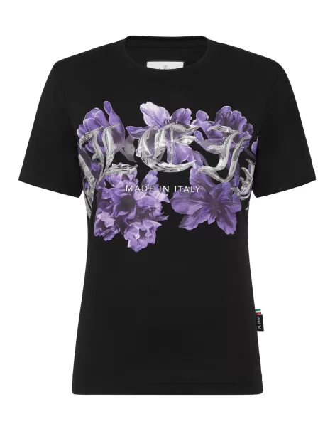 Elegante Philipp Plein Padded Shoulder T-Shirt Sexy Pure Fit Flowers Black Mujer Camiseta & Polos