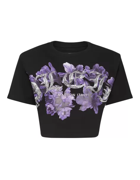 Black De Moda Philipp Plein Camiseta & Polos Padded Shoulder Cropped Top Flowers Mujer