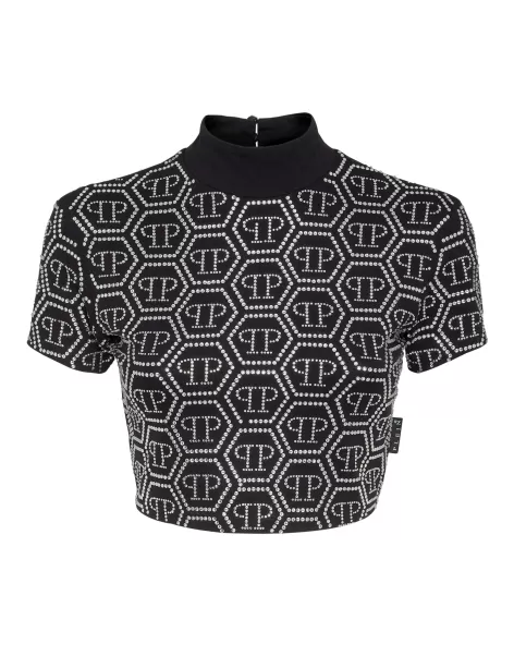 Philipp Plein Mujer Camiseta & Polos Cropped T-Shirt Monogram Strass Venta Black