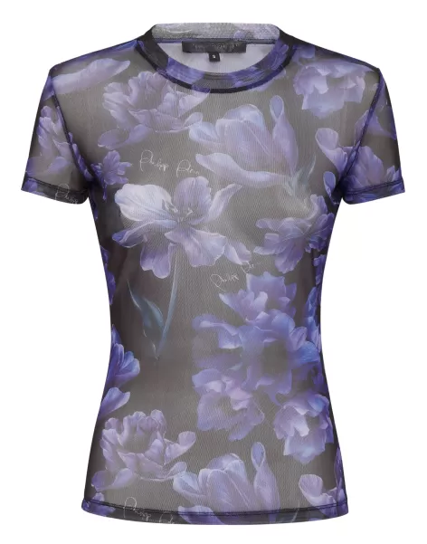 Philipp Plein T-Shirt Round Neck Sexy Pure Fit Flowers Exclusivo Camiseta & Polos Mujer Black