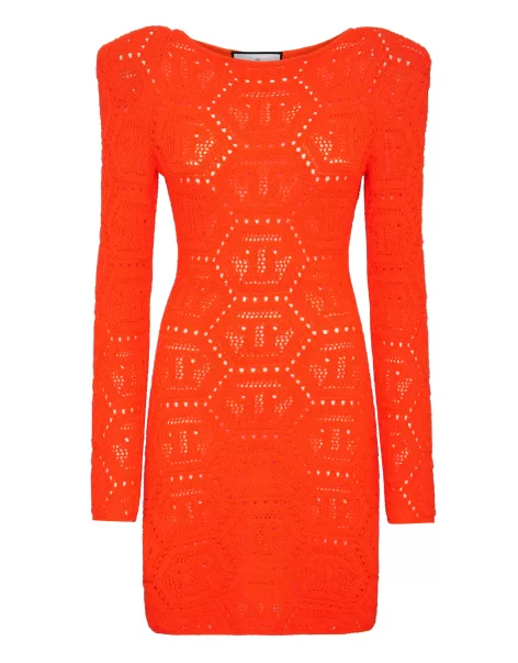 Mujer Precios De Liquidación Philipp Plein Orange Fluo Fluo Knit Mini Dress Monogram Prendas De Punto
