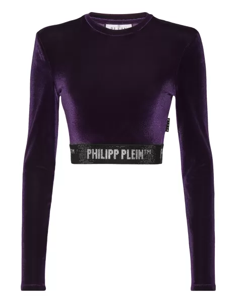 Mujer Tops Purple Philipp Plein Promoción Long-Sleeve Padded Shoulder Cropped Top Crystal