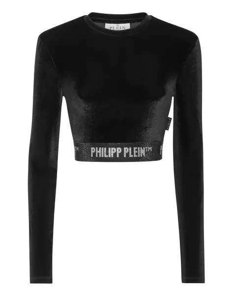 Long-Sleeve Padded Shoulder Cropped Top Crystal Black Precio De Descuento Mujer Tops Philipp Plein