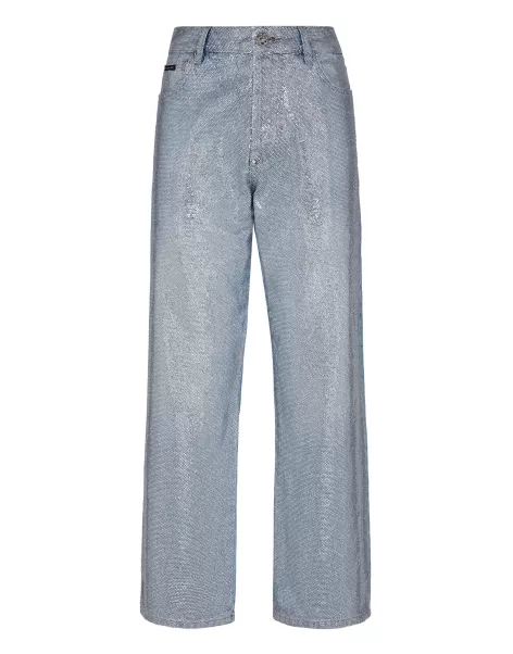 Denim Grisaille Turquoise Mujer Denim Trousers High Rise Fit Full Crystal Promoción Philipp Plein