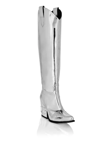 Mirror Leather Boots Low Heels High Gothic Plein Mujer Exclusivo Silver Philipp Plein Botas & Botines