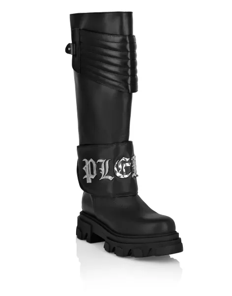 Mujer Black Philipp Plein Botas & Botines Leather Boots High Flat Gothic Plein 2024