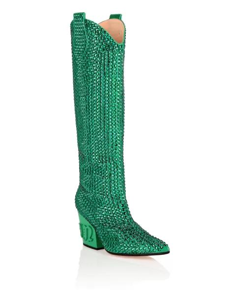 Cowboy Boots Mid Heels High Crystal Popular Philipp Plein Green Botas & Botines Mujer