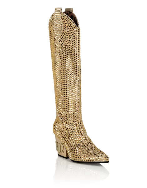 Gold Botas & Botines Cowboy Mid-Heel Boots  Gothic Plein With Crystals Servicio Philipp Plein Mujer