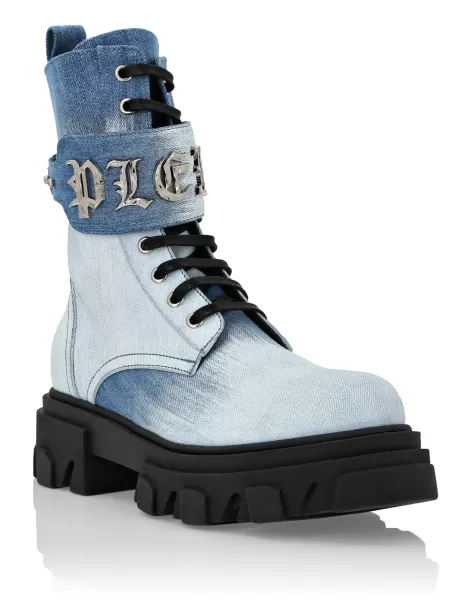 Precio Razonable Blue/White Denim Mid Flat Boots Gothic Plein Botas & Botines Mujer Philipp Plein