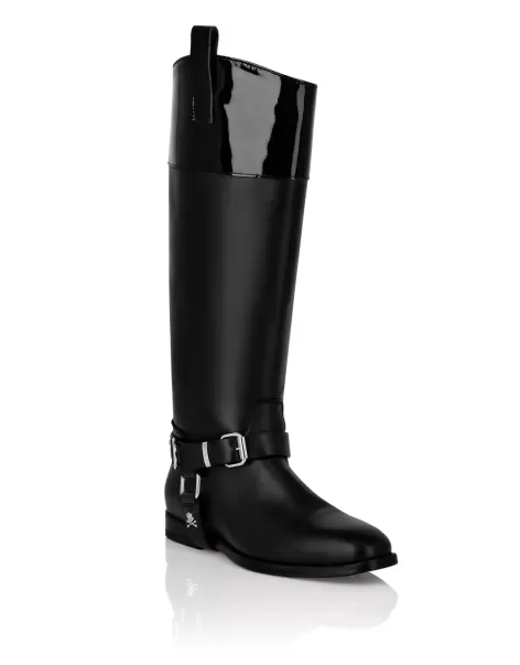 Barato Botas & Botines Black Philipp Plein Mujer Patent Leather Boots High Flat