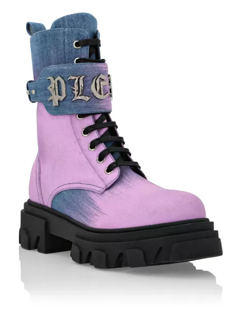 Denim Mid Flat Boots Gothic Plein Philipp Plein Blue/Pink Mujer Tienda Online Botas & Botines