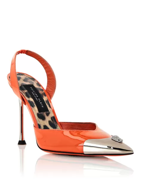 Philipp Plein Cystal Skull Patent Leather Slingback Zapatos Orange Mujer Calidad