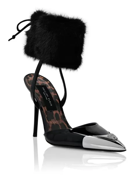 Zapatos Mujer Black Patent Leather & Real Fur Decollete Mid-Heels Crystal Skull Compra Philipp Plein