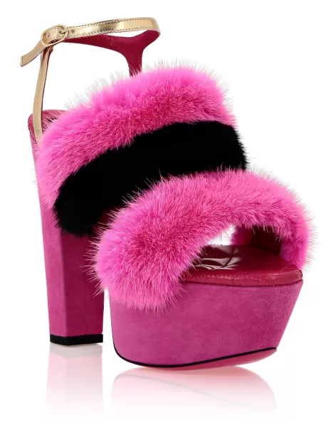 Philipp Plein Platform Sandals High Heels With Real Fur Ultimo Modelo Zapatos Fuxia Mujer