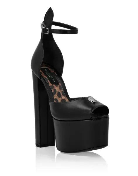 Clásico Philipp Plein Leather Platform Sandals Hi-Heels Mujer Black Zapatos