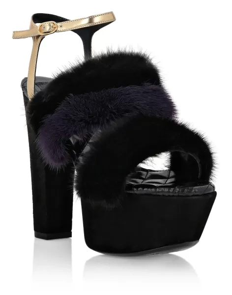 Philipp Plein Zapatos Black Mujer Platform Sandals High Heels With Real Fur Flete Gratis