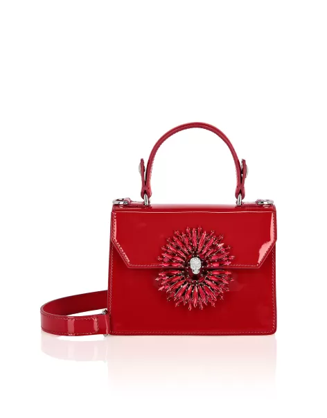 Mujer Elegante Red Totes Philipp Plein Patent Leather Superheroin Small Handle Bag Brooches