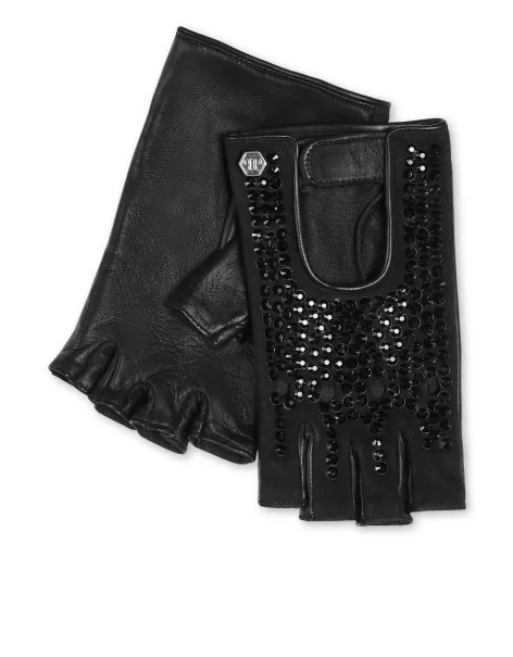 Black / Black Calidad Driver Gloves With Crystals Philipp Plein Guantes Mujer