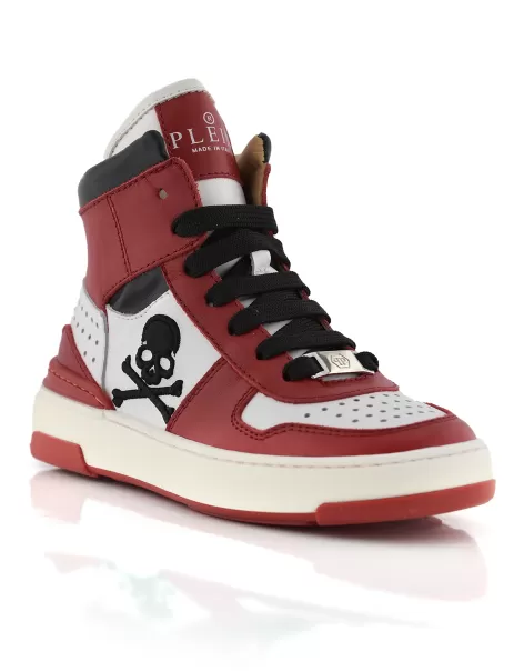 Sneakers High Top Box Sole Lace Embroidery Skull Calzado Niños Philipp Plein Red / White Producto